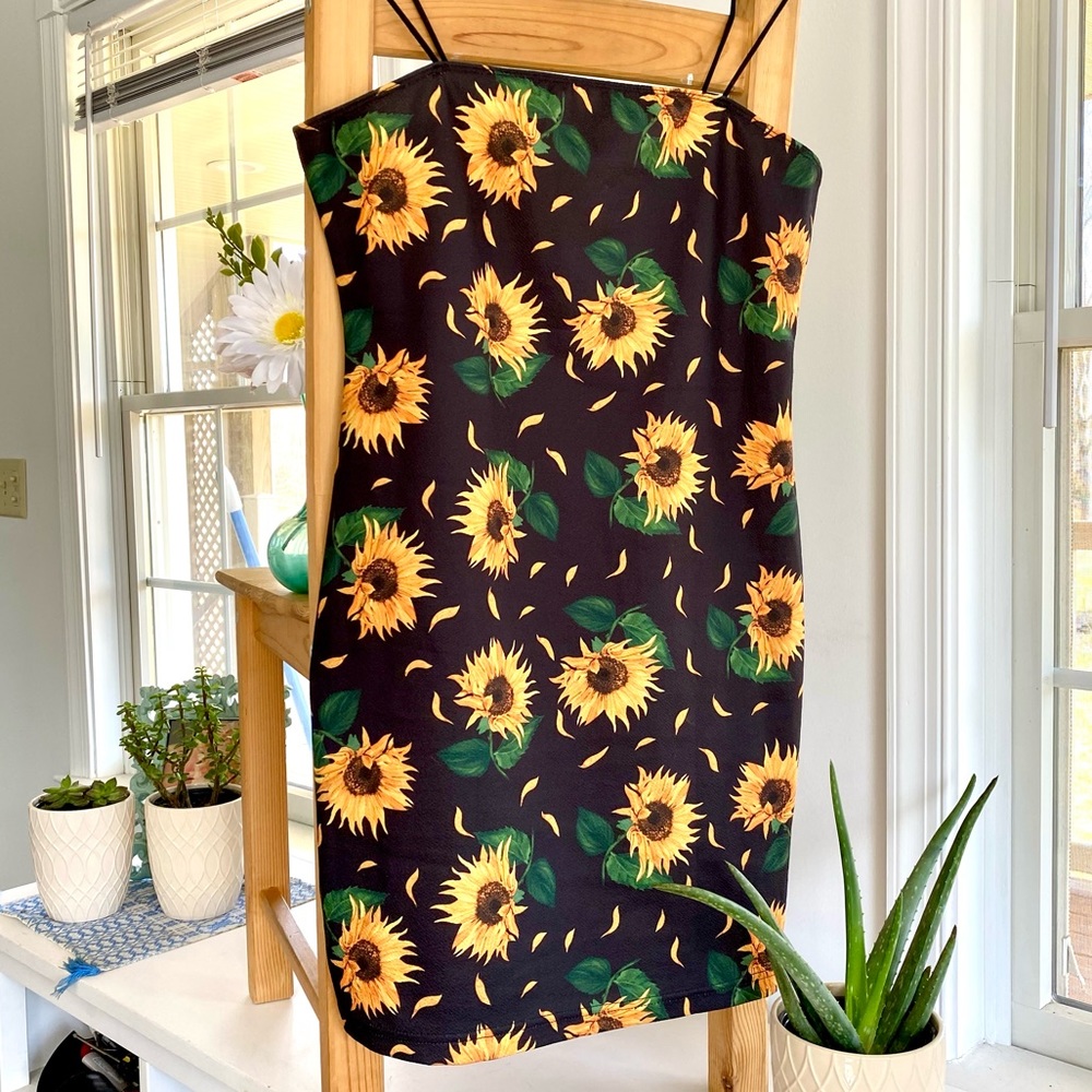 SHEIN US size L Spaghetti-strap Bodycon Sunflower Dress